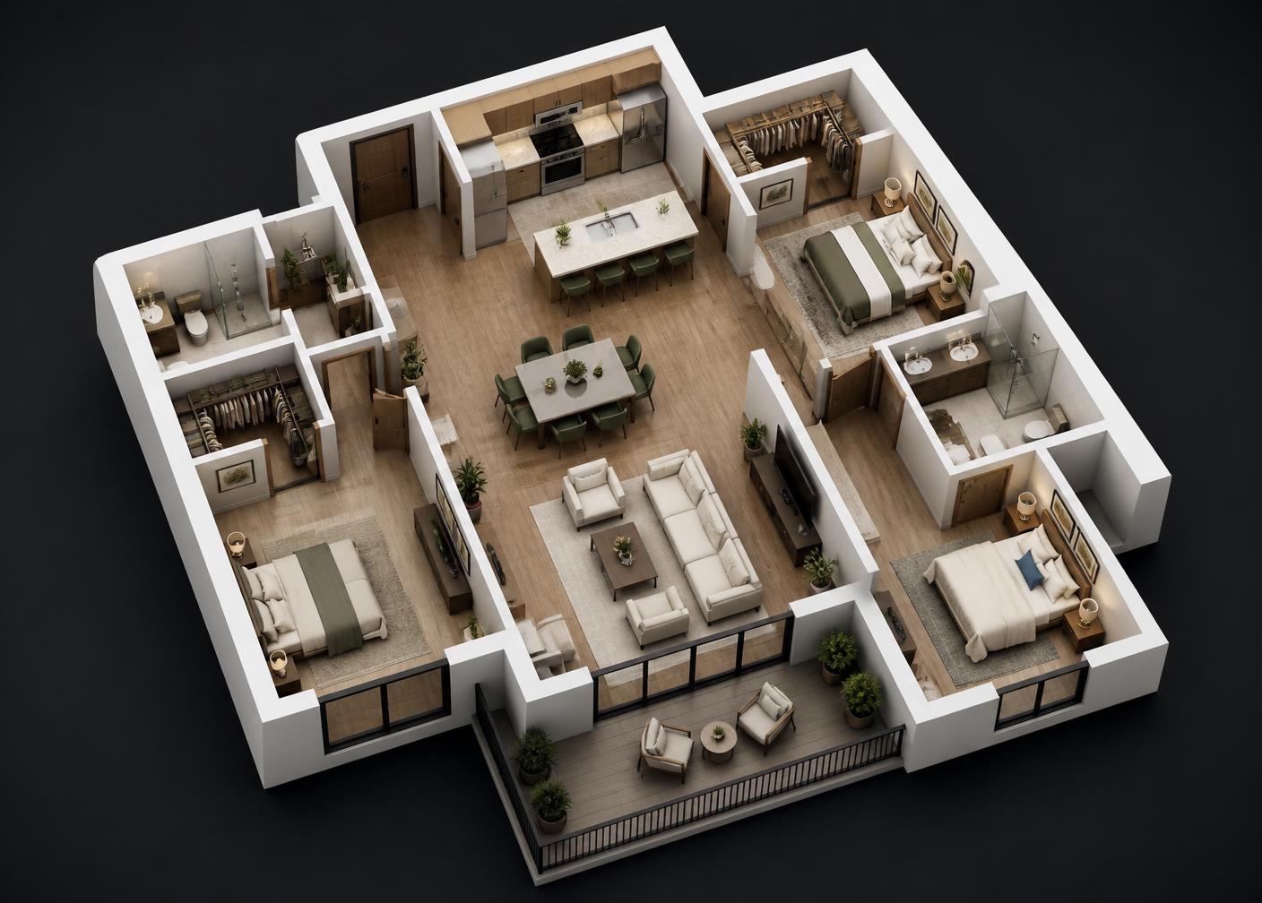 Plan 2D de l'appartement F4 — 135 m² — Résidence El-Raya